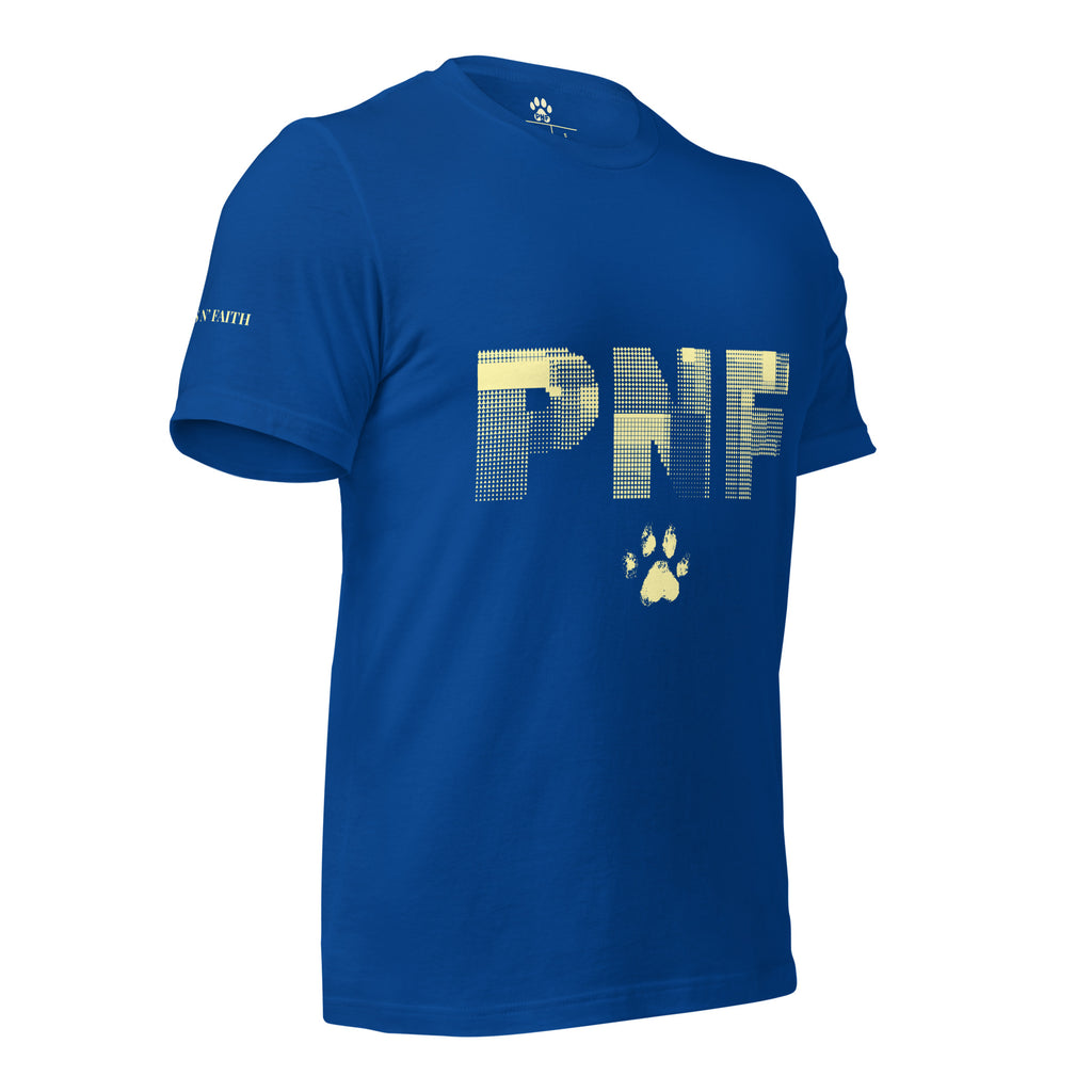 Side view of royal blue Pets N Faith unisex Christian t-shirt with large PNF logo design with Pets N' Faith logo in yellow text on sleeve.