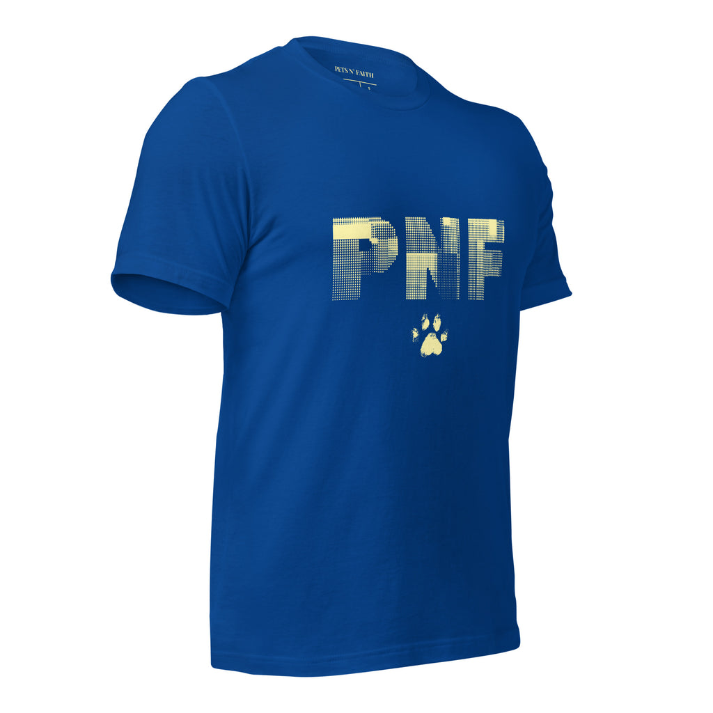Front view of royal blue Pets N Faith unisex Christian t-shirt with large PNF logo design.