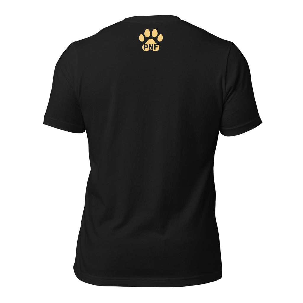 Back view of black unisex Christian t-shirt with PNF paw logo design.