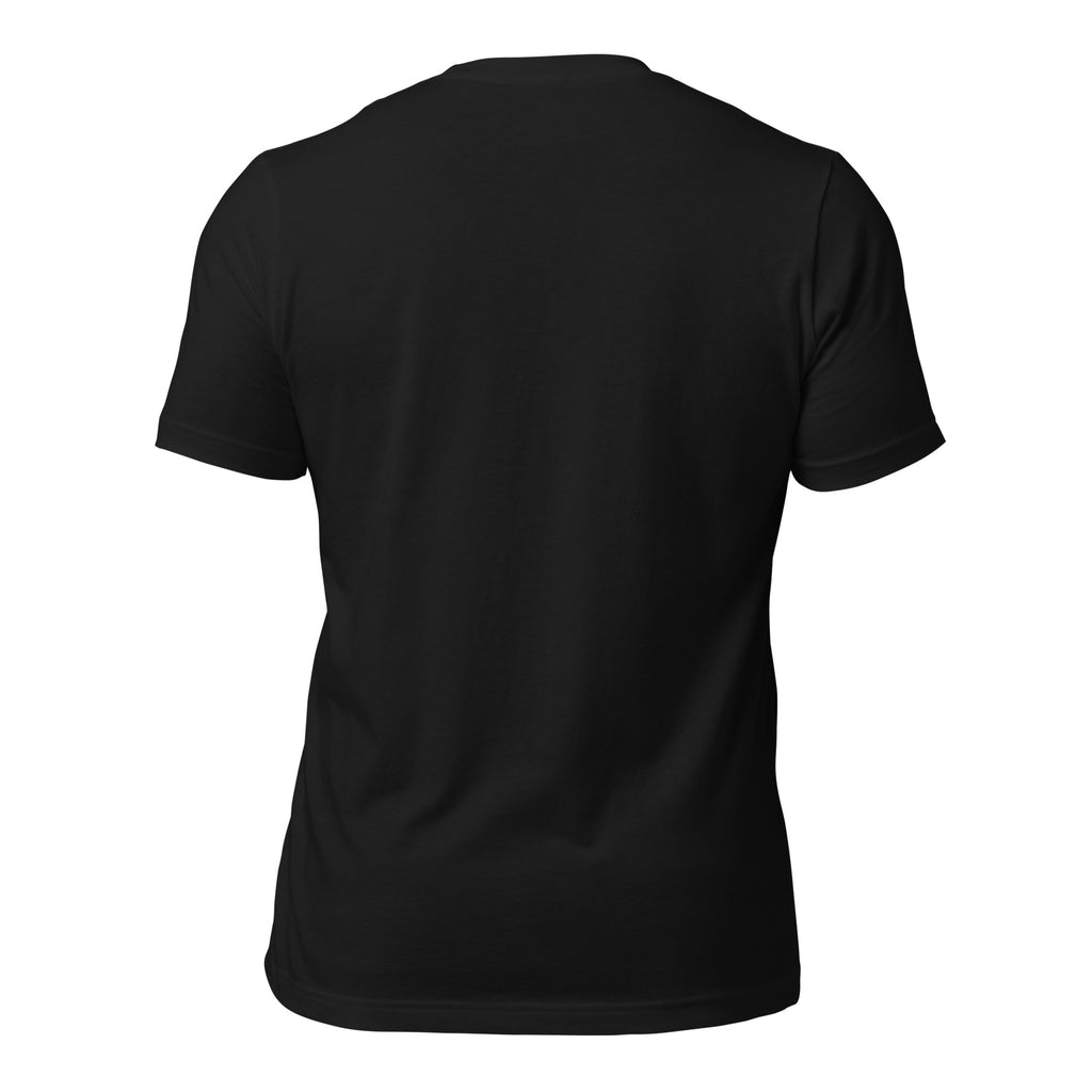 Back view of Black Pets N Faith unisex cat t-shirt with ‘God’s Love One Paw at a Time’ text and layered cat silhouette design