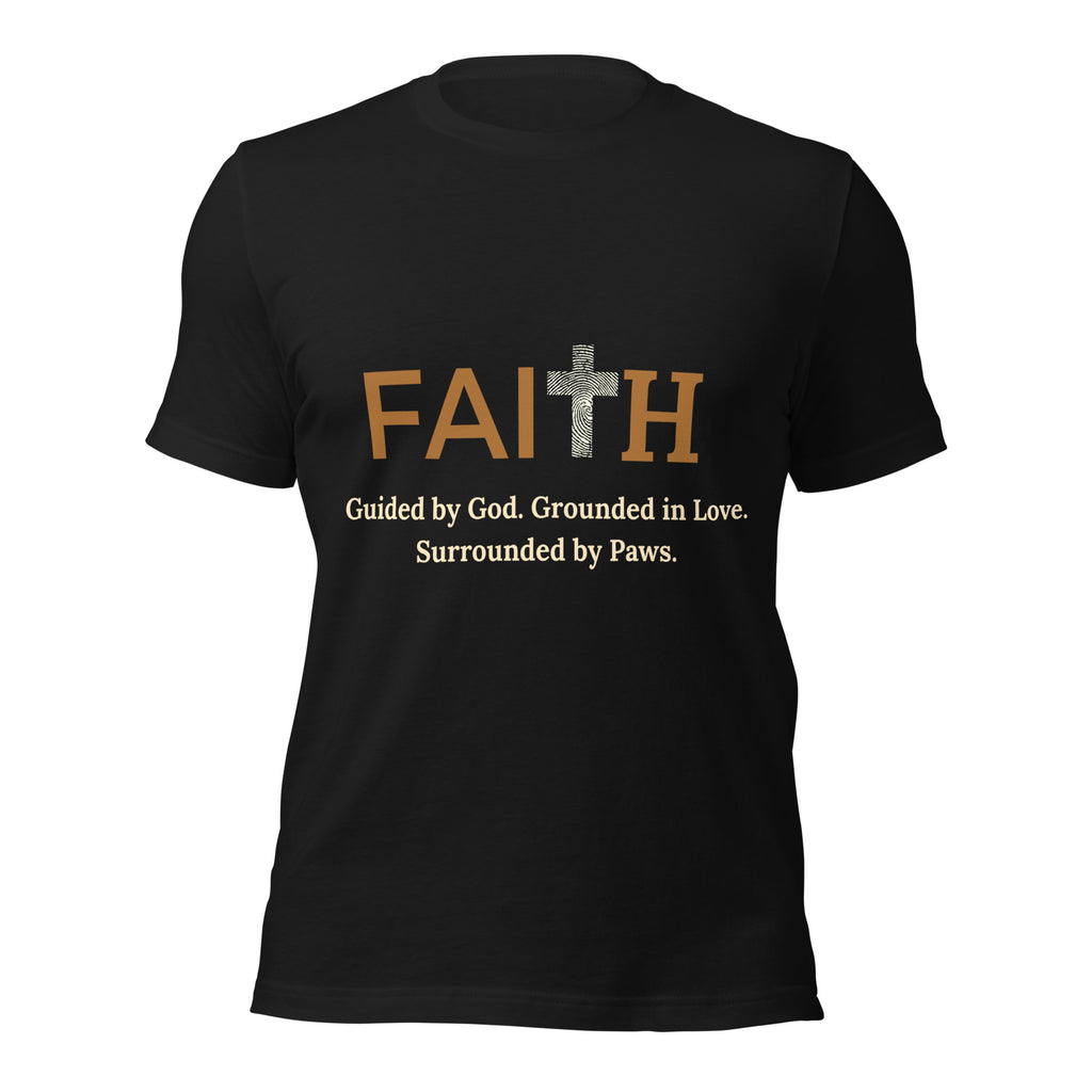 Front view of black unisex Christian t-shirt with bold FAITH text, cross, and pawprints.