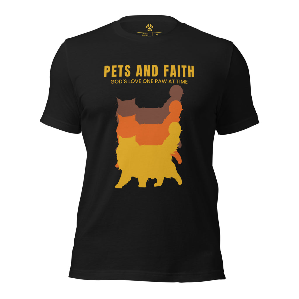 Black Pets N Faith unisex cat t-shirt with ‘God’s Love One Paw at a Time’ text and layered cat silhouette design
