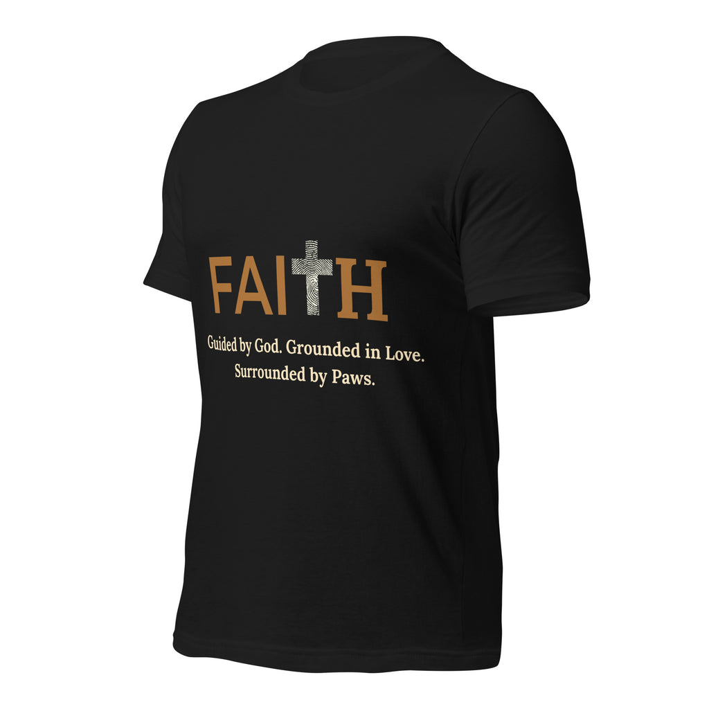 Angled view of black unisex Christian t-shirt with bold FAITH text, cross, and pawprints.