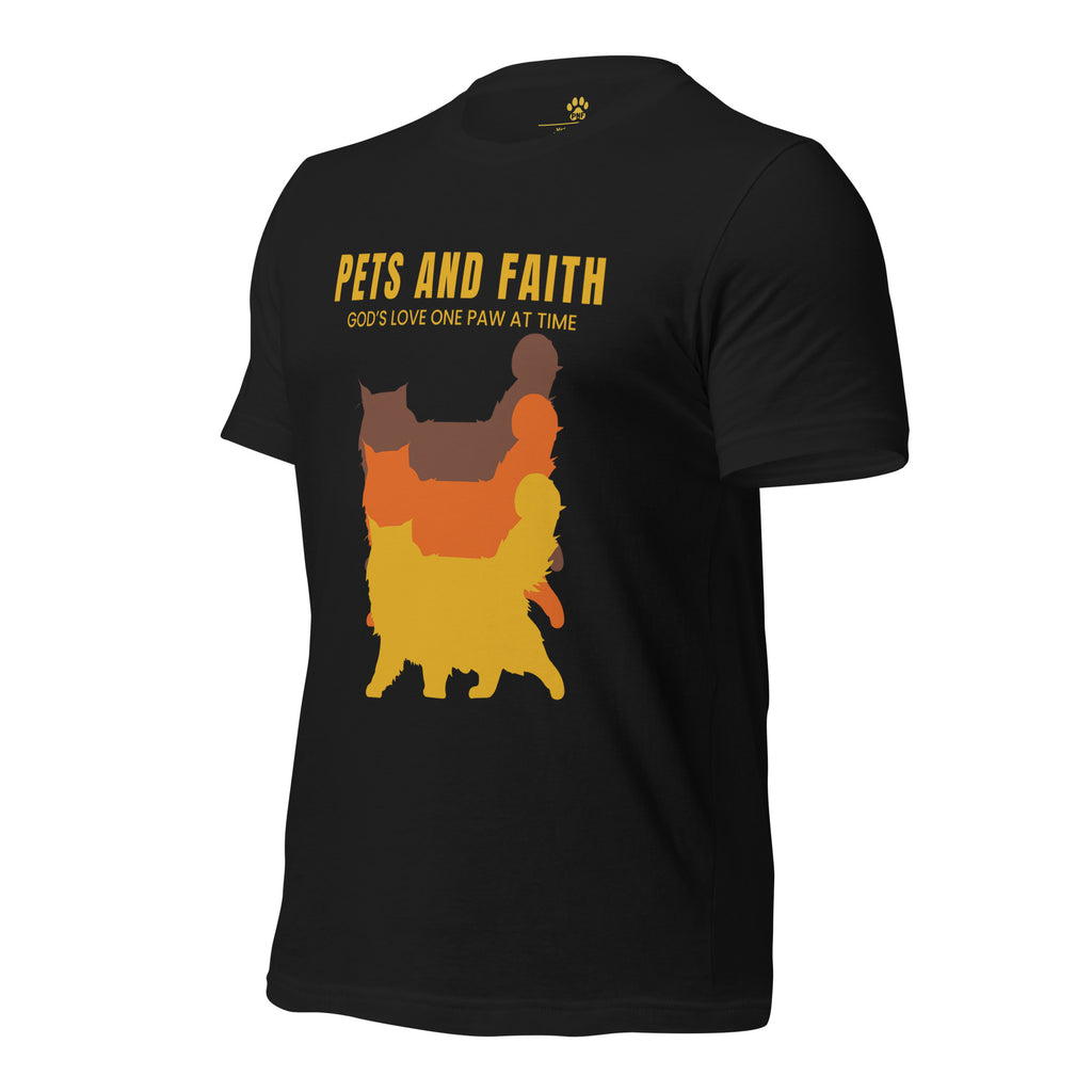 Side view of Black Pets N Faith unisex cat t-shirt with ‘God’s Love One Paw at a Time’ text and layered cat silhouette design