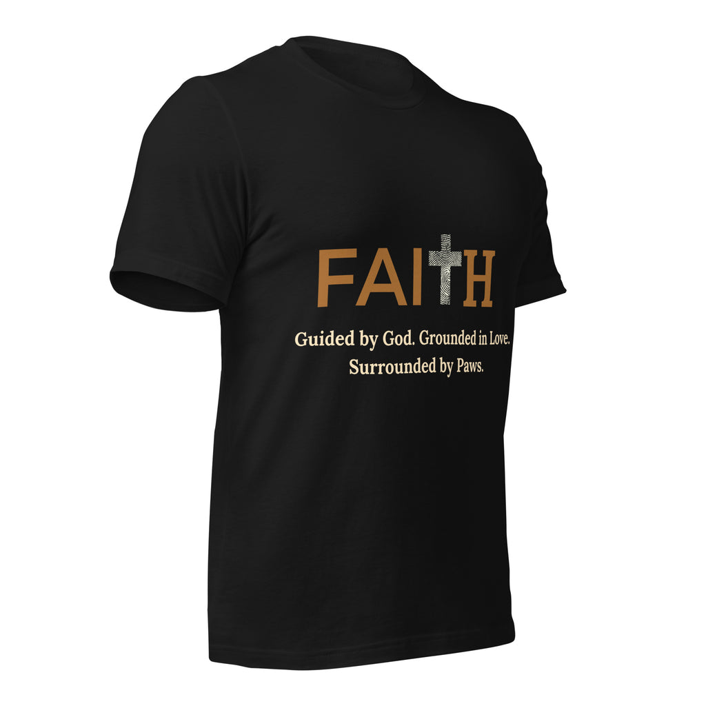 Side view of black unisex Christian t-shirt with bold FAITH text, cross, and pawprints.
