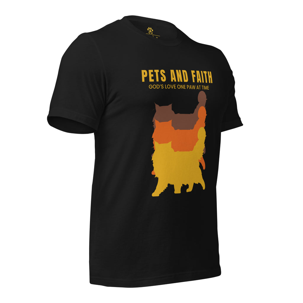 Side view of Black Pets N Faith unisex cat t-shirt with ‘God’s Love One Paw at a Time’ text and layered cat silhouette design