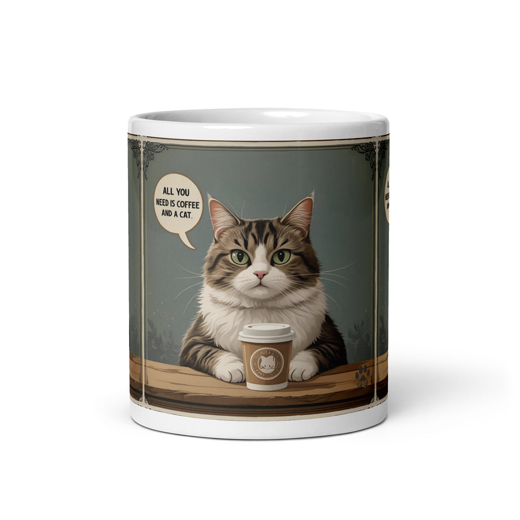 Picture of a cat holding a cup of coffee at a table.