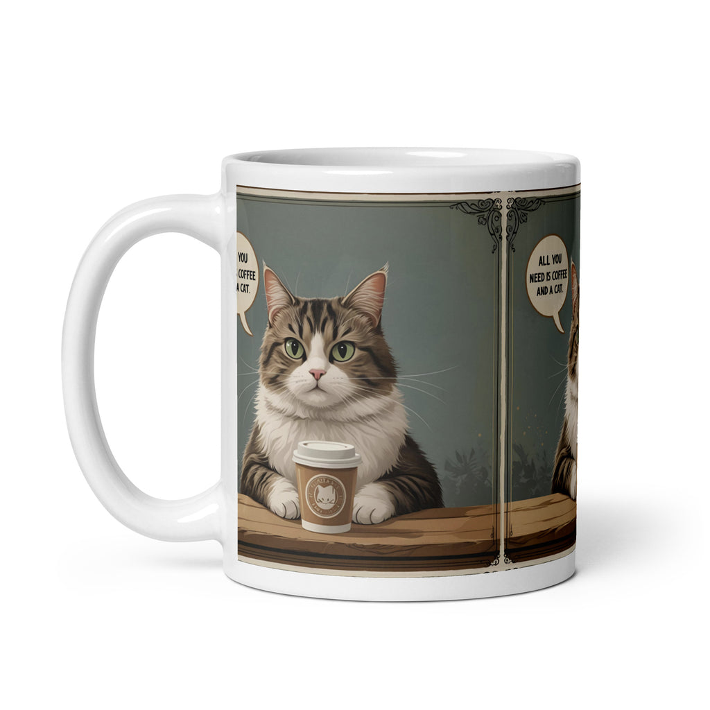 Picture of a cat holding a cup of coffee at a table.