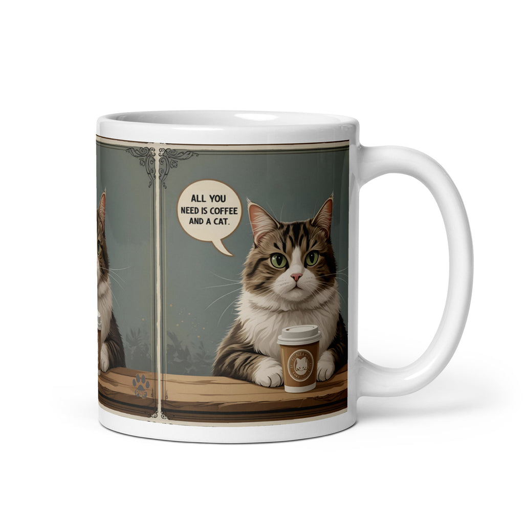 Picture of a cat holding a cup of coffee at a table.