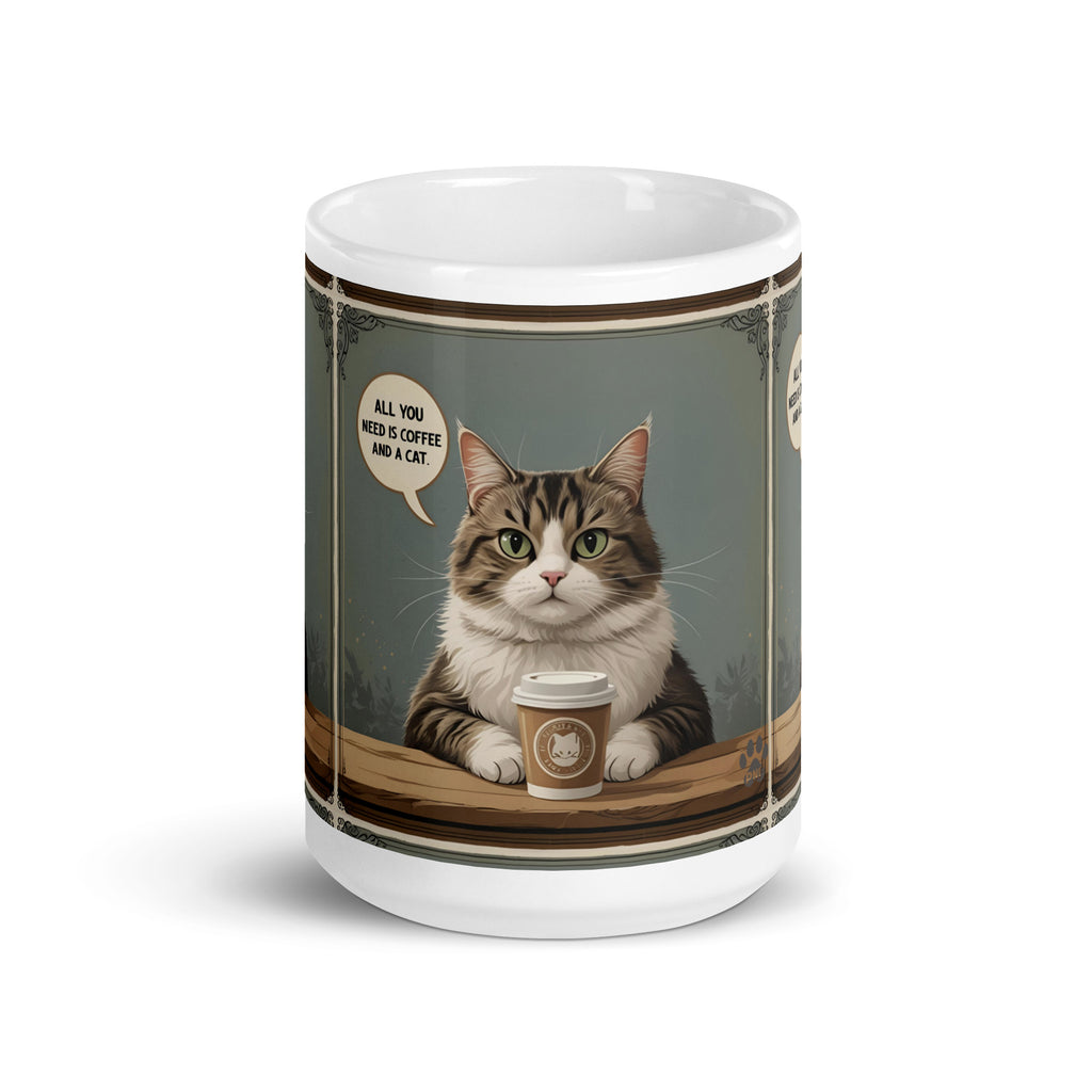 Picture of a cat holding a cup of coffee at a table.