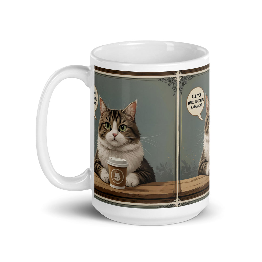 Picture of a cat holding a cup of coffee at a table.