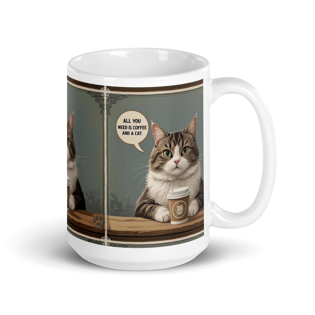 Picture of a cat holding a cup of coffee at a table.