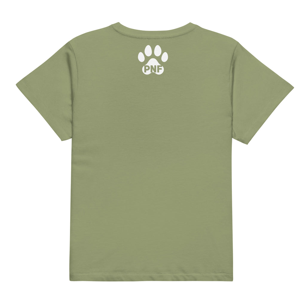 Flat lay of artichoke women’s high-waisted God Is Love t-shirt with paw print