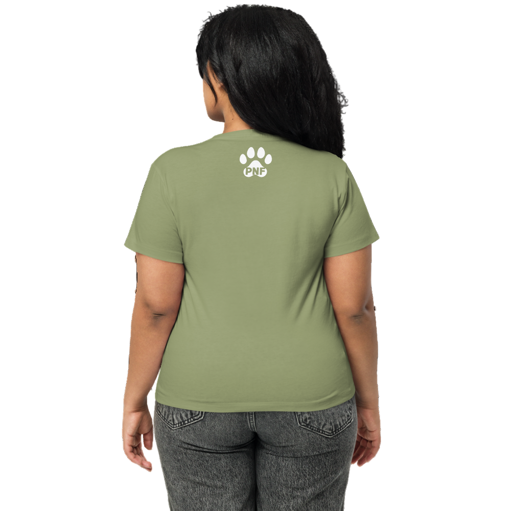 Back view of woman wearing artichoke  high-waisted Pets N Faith tee with paw logo.