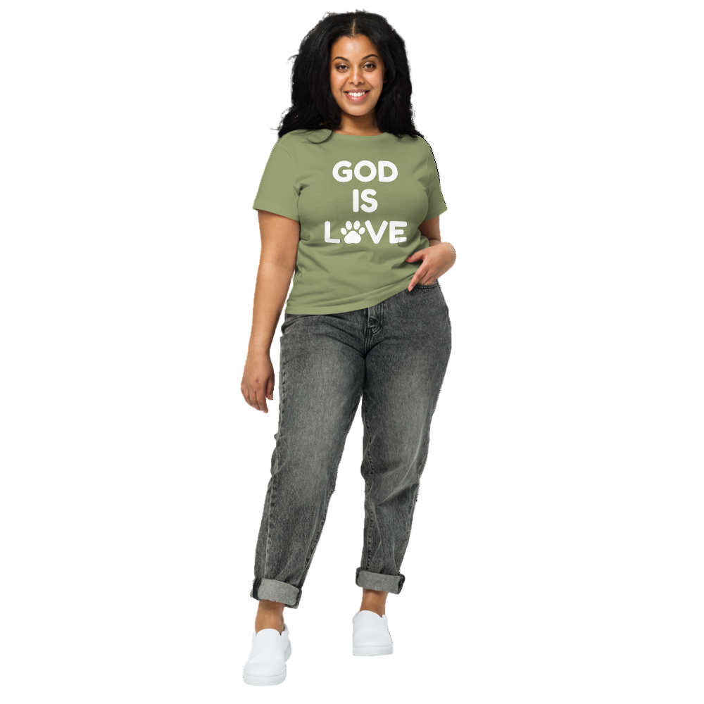 Front view of woman wearing artichoke high-waisted Pets N Faith tee with paw logo.