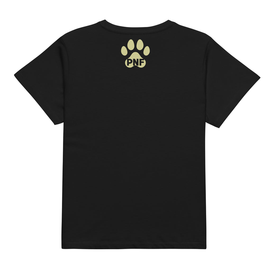Back view of black women’s high-waisted Pets and Faith t-shirt with paw logo design.