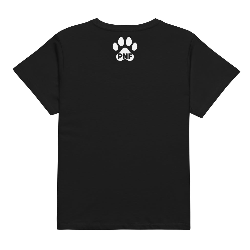 Flat lay of black women’s high-waisted God Is Love t-shirt with paw print