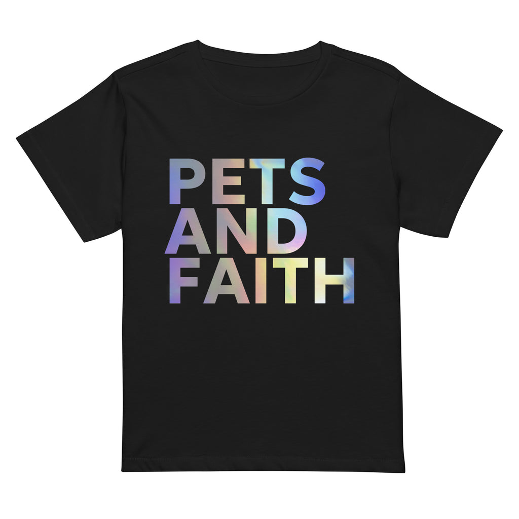 Flat lay of black Pets and Faith women’s high-waisted t-shirt with holographic text.