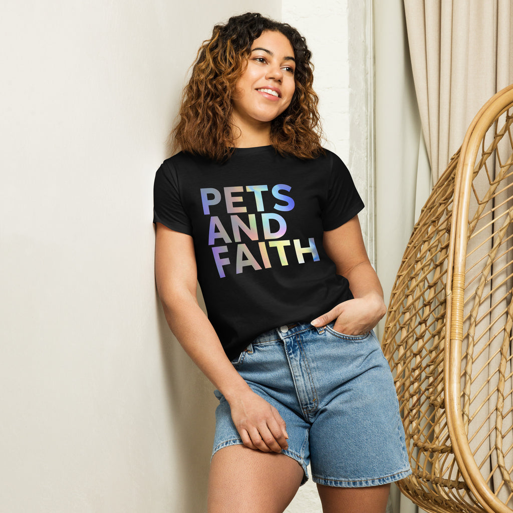 Woman wearing black high-waisted Pets and Faith t-shirt styled with denim shorts.
