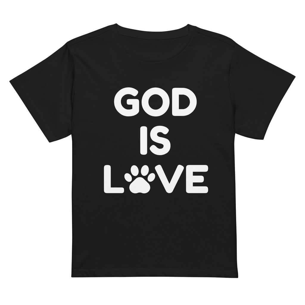 Flat lay of black women’s high-waisted God Is Love t-shirt with paw print design.