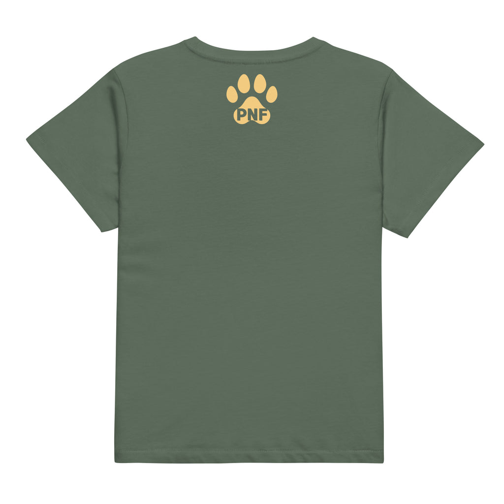 Back view of pine colored Faith Cross women’s high-waisted Christian graphic t-shirt.