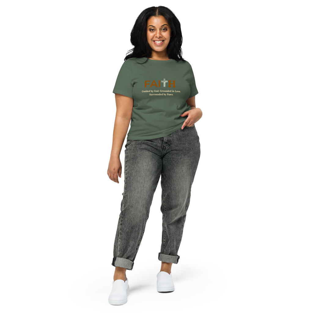 Woman wearing pine colored Faith Cross women’s high-waisted Christian graphic t-shirt.