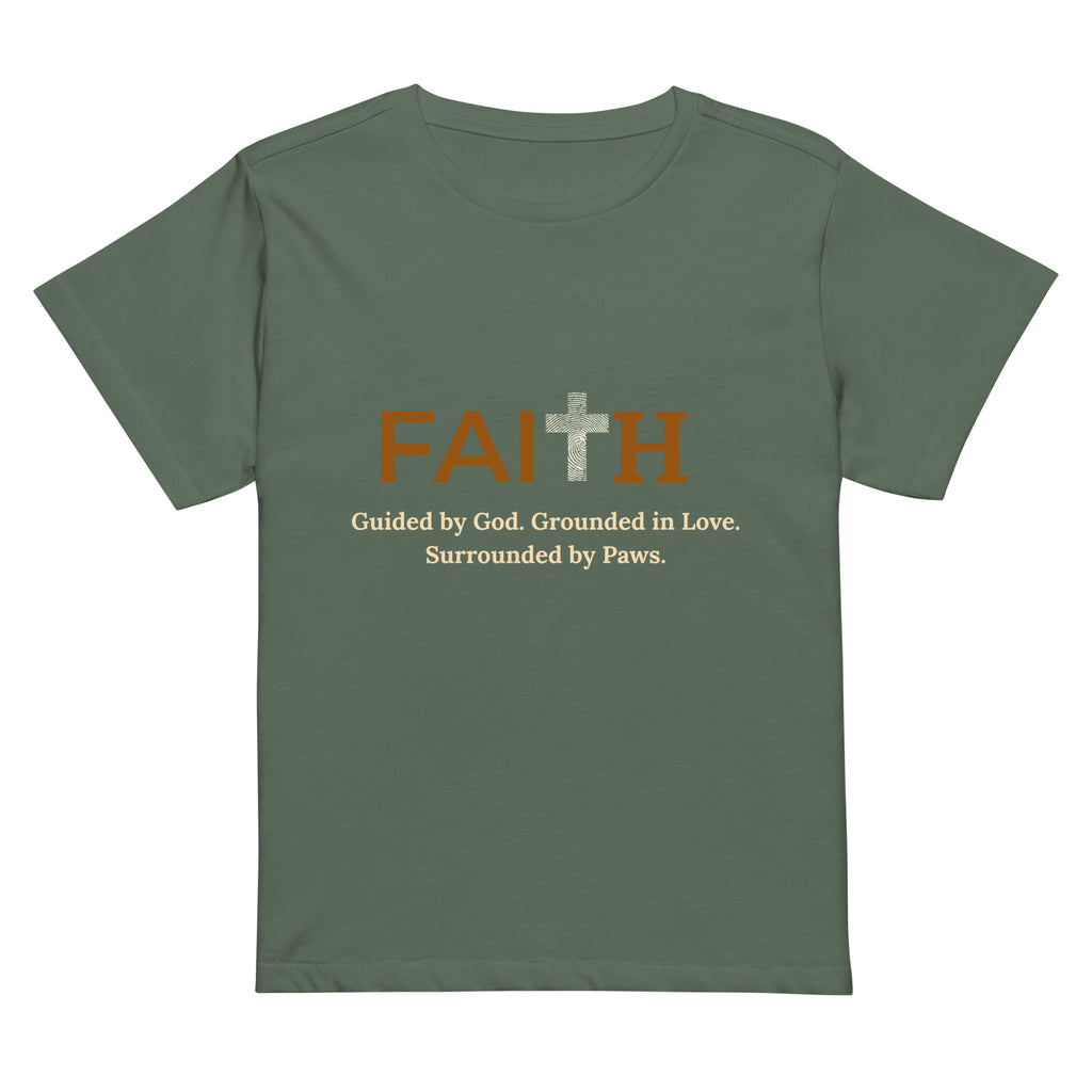 Flat lay of pine colored Faith Cross women’s high-waisted Christian graphic t-shirt.