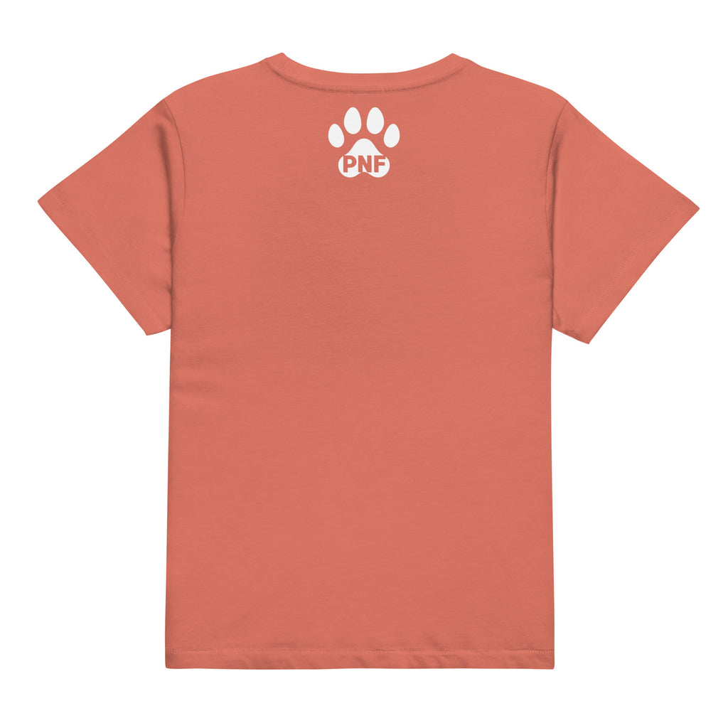 Flat lay of red sorbet women’s high-waisted God Is Love t-shirt with paw print