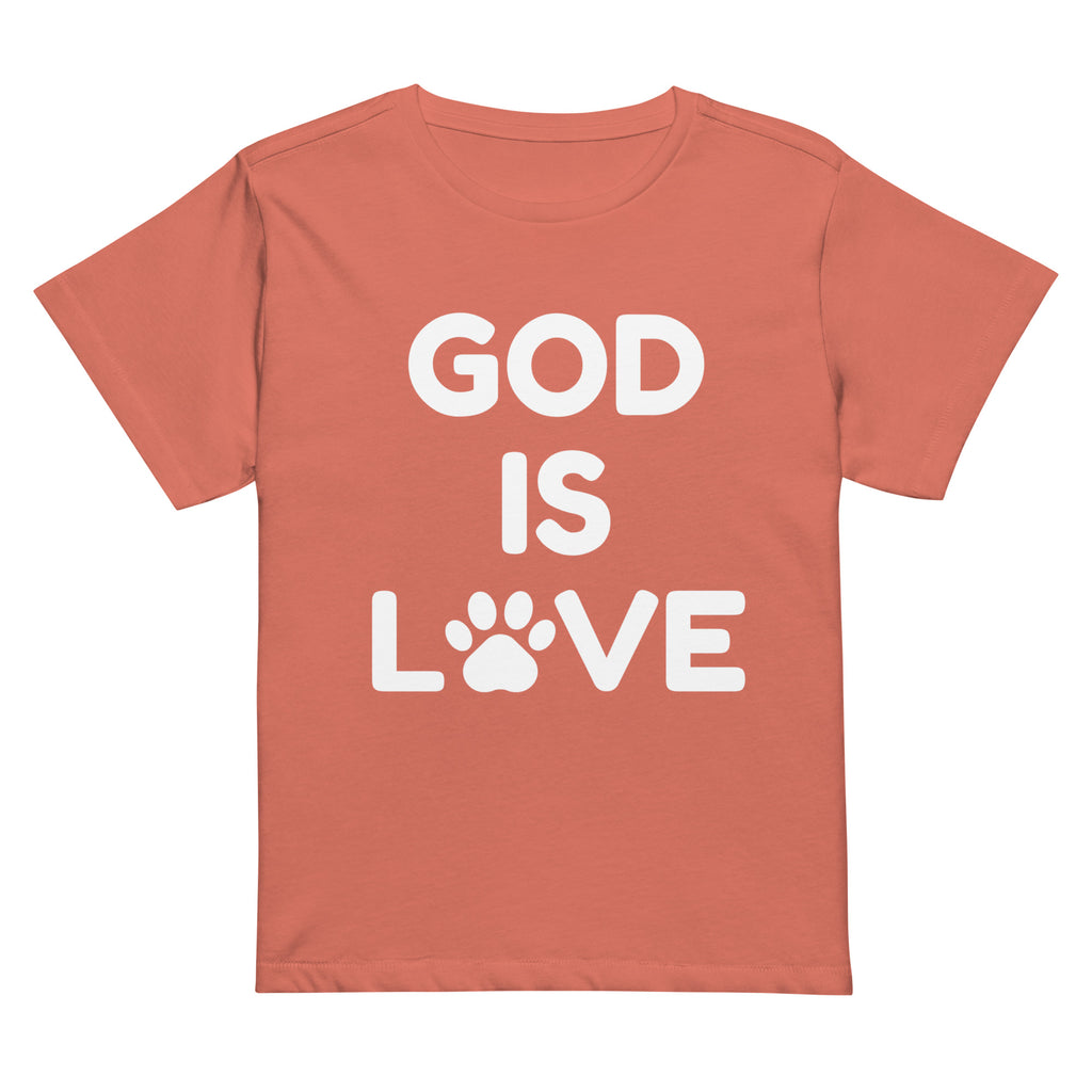 Flat lay of red sorbet women’s high-waisted God Is Love t-shirt with paw print design.