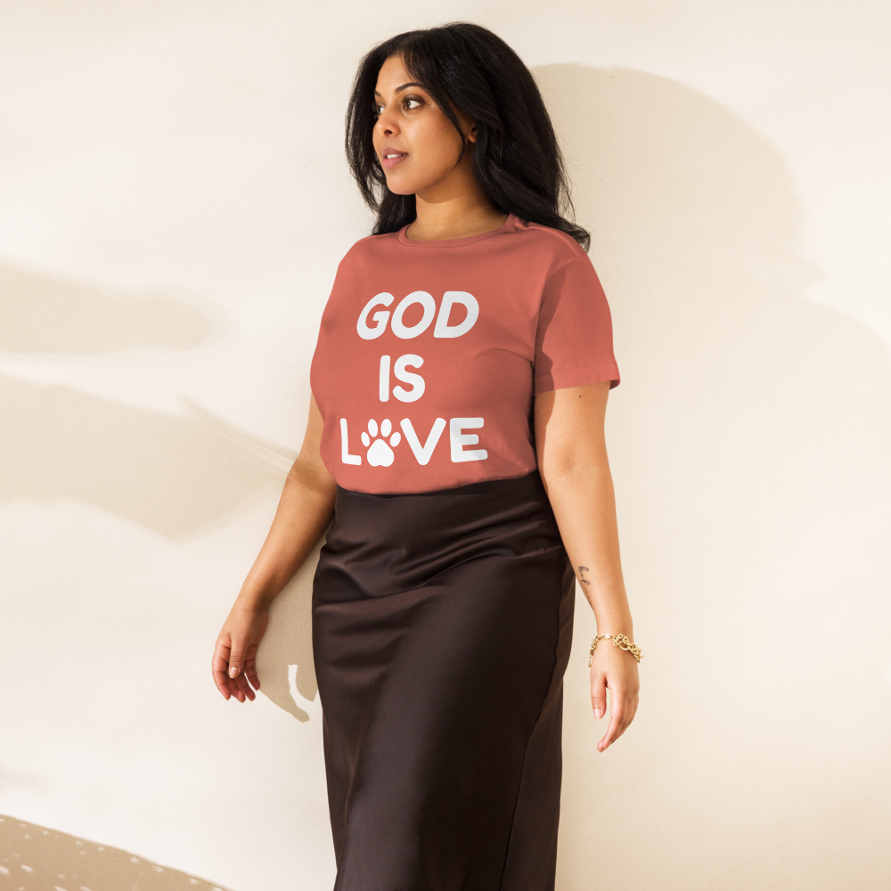 Front view of woman wearing red sorbet high-waisted Pets N Faith tee with paw logo.