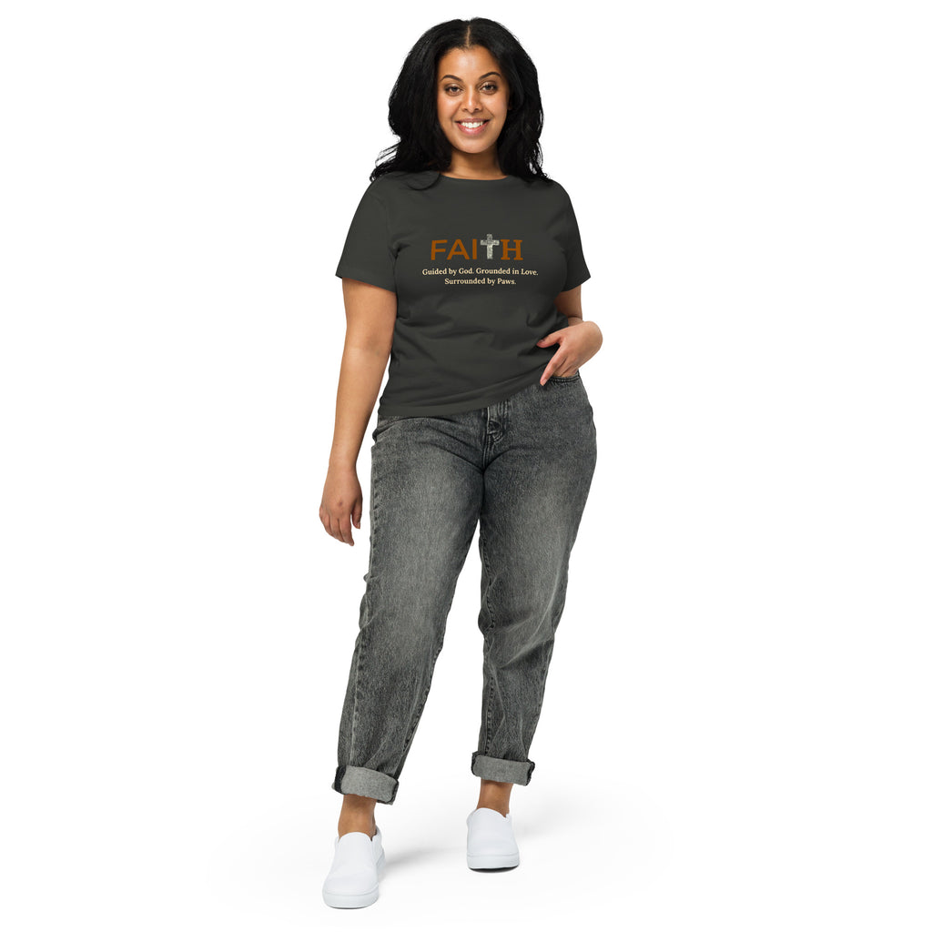 Woman wearing vintage black colored Faith Cross women’s high-waisted Christian graphic t-shirt.