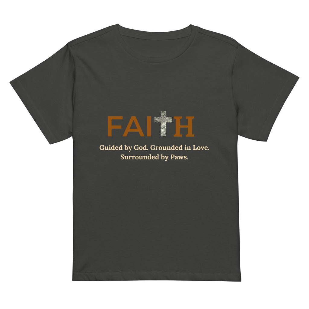 Flat lay of vintage black Faith Cross women’s high-waisted Christian graphic t-shirt.
